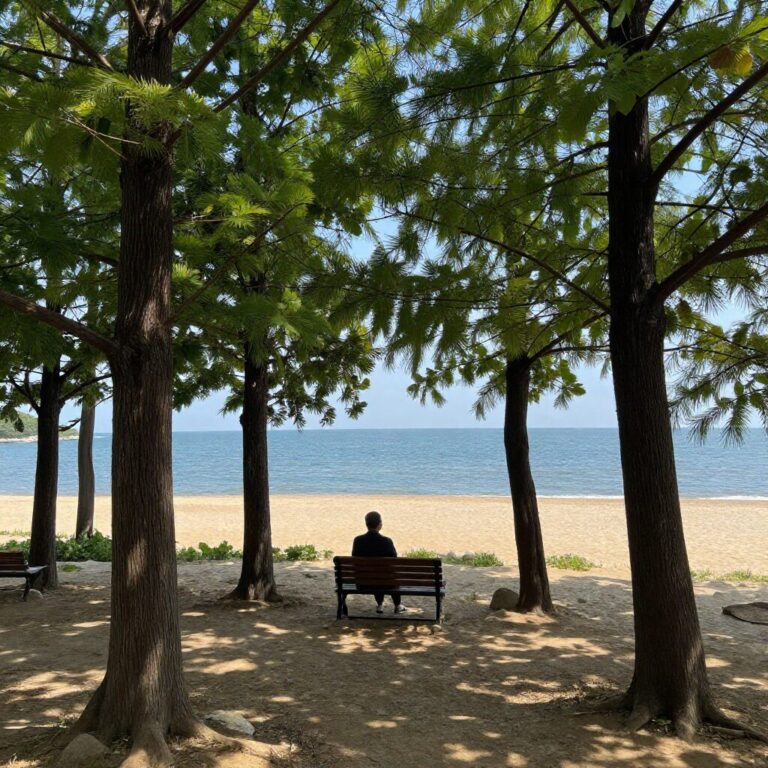 서천 마량리 동백나무숲과 서해 바다가 함께 보이는 풍경