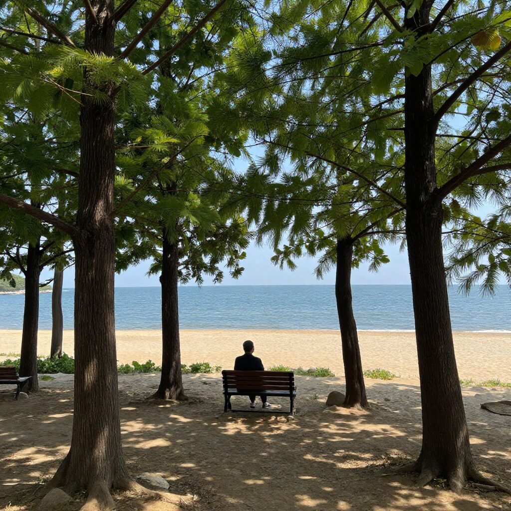 서천 마량리 동백나무숲과 서해 바다가 함께 보이는 풍경