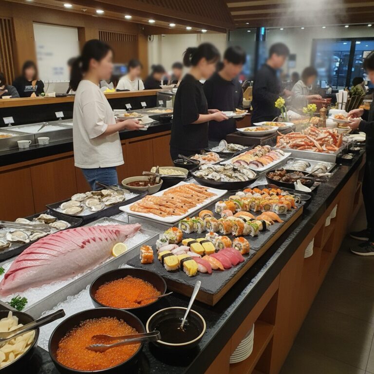 마키노차야 뷔페 테이블에 놓인 다양한 신선한 해산물과 초밥