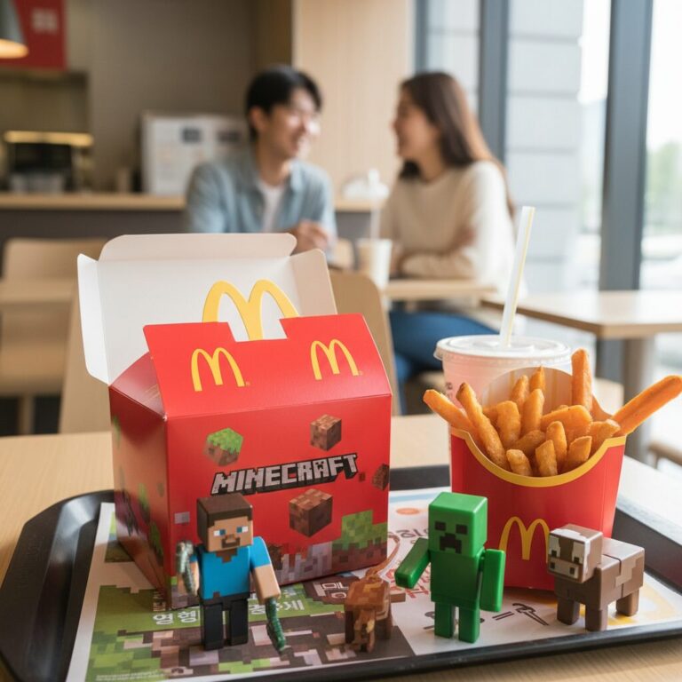 맥도날드 4월 행사로 제공되는 마인크래프트 해피밀 장난감과 고구마 후라이