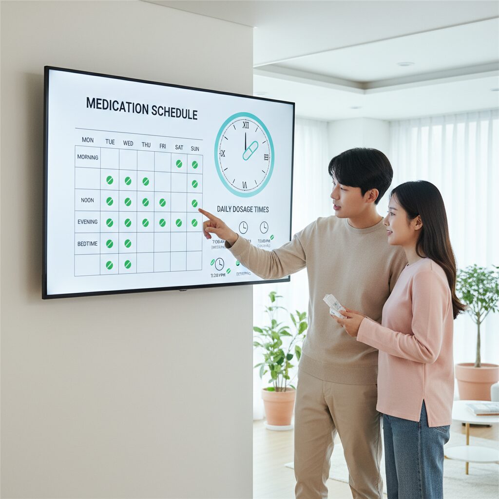 약별 복용 시간을 달력과 시계 아이콘으로 표시한 인포그래픽