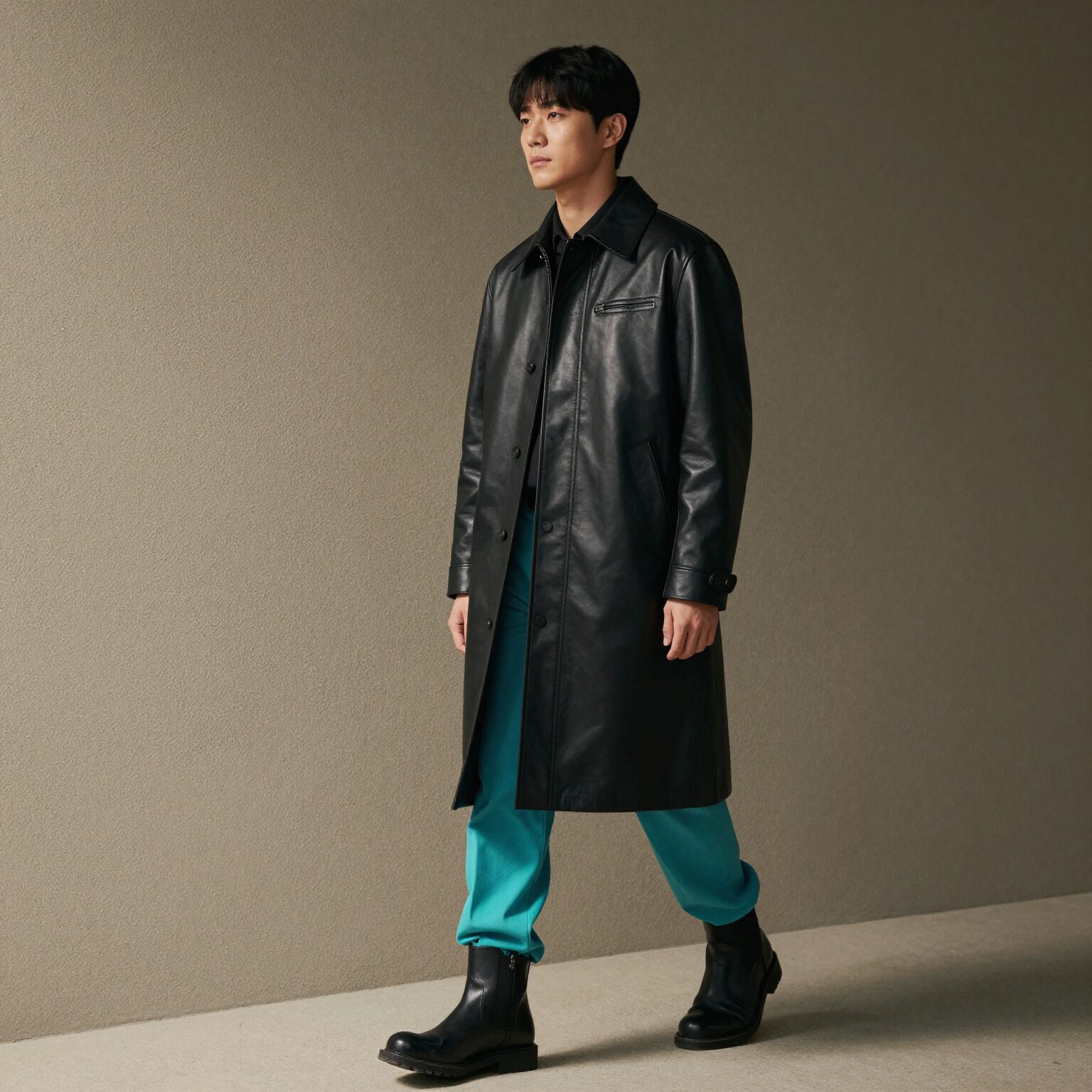 검정색 가죽 롱 라이더스 자켓을 입은 남자가 청바지와 부츠와 함께 코디한 모습