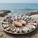 연화리 미진이할매 해산물 모둠 접시와 바다 배경