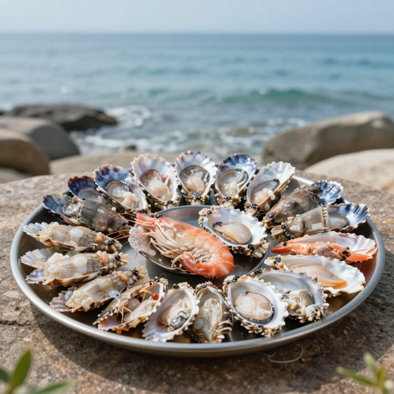 연화리 미진이할매 해산물 모둠 접시와 바다 배경