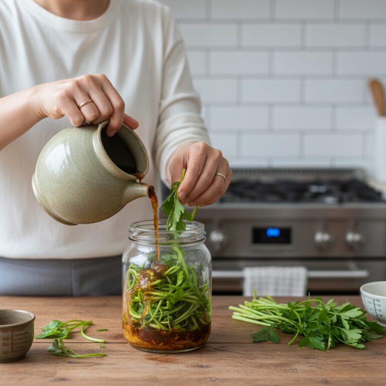 깨끗이 씻어 물기를 뺀 미나리를 용기에 담고 간장물을 부어 넣는 과정