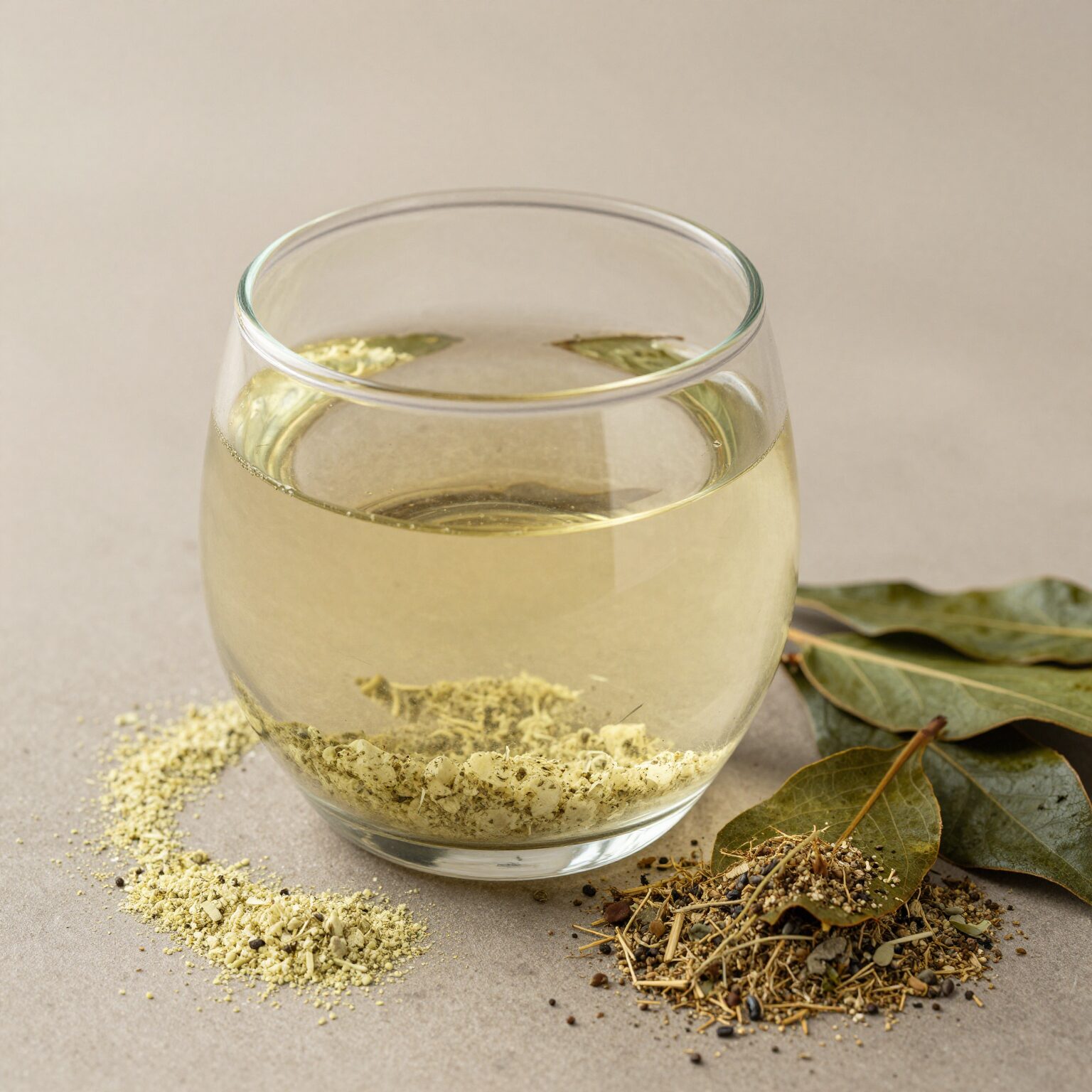 유리잔에 담긴 쑥가루와 쑥차, 옆에 말린 쑥잎이 놓여 있는 정물 사진