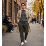 무신사 스탠다드 워셔블 수피마 코튼 크루 넥 니트를 입은 남성의 데일리 스타일링