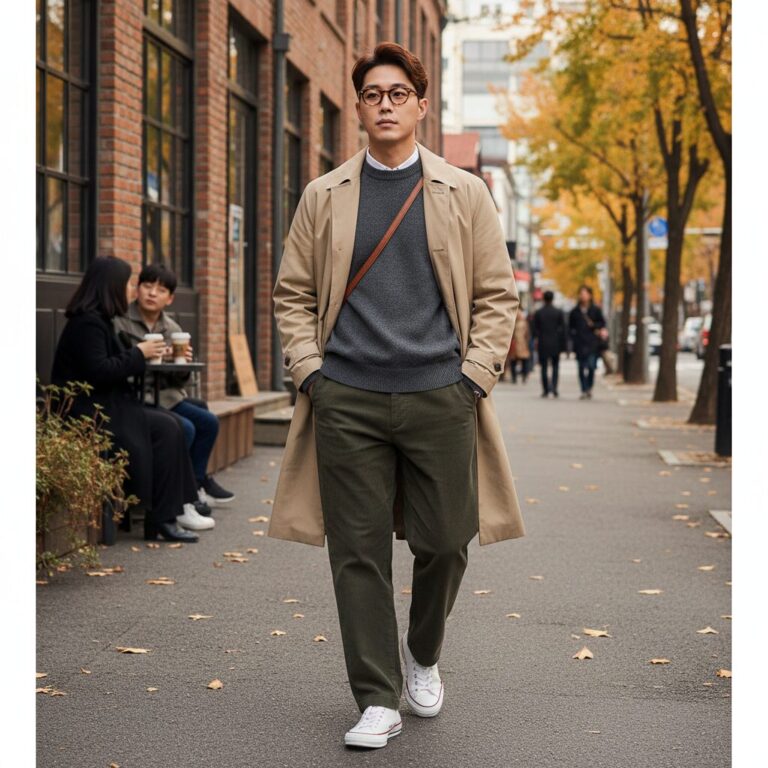 무신사 스탠다드 워셔블 수피마 코튼 크루 넥 니트를 입은 남성의 데일리 스타일링