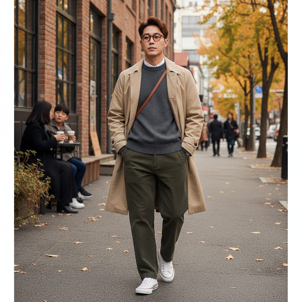 무신사 스탠다드 워셔블 수피마 코튼 크루 넥 니트를 입은 남성의 데일리 스타일링