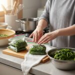 냉이 손질부터 냉동 보관까지 완벽 정리 데친 냉이를 지퍼백에 소분하여 냉동 보관하는 모습