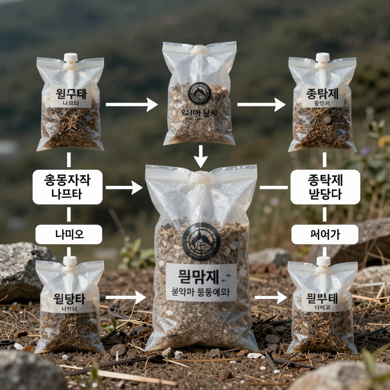 원유에서 나프타를 거쳐 종량제 봉투가 만들어지는 과정을 보여주는 플로우 차트