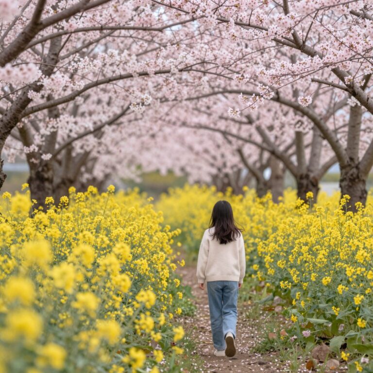 제주 녹산로의 분홍색 벚꽃과 노란 유채꽃이 함께 핀 봄 풍경