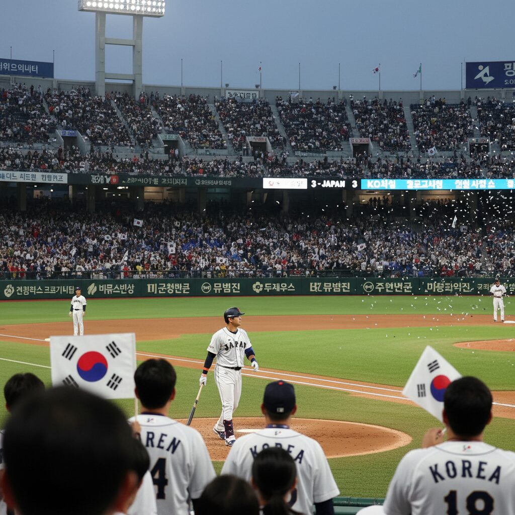 WBC 한일전에서 오타니 쇼헤이가 우중간 담장을 넘기는 동점 홈런을 친 후 타구 방향을 바라보는 모습