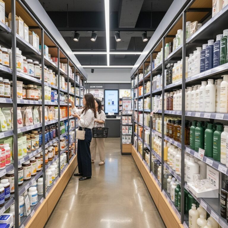 올리브영 매장 내 다양한 건강 기능성 식품과 샴푸 진열장