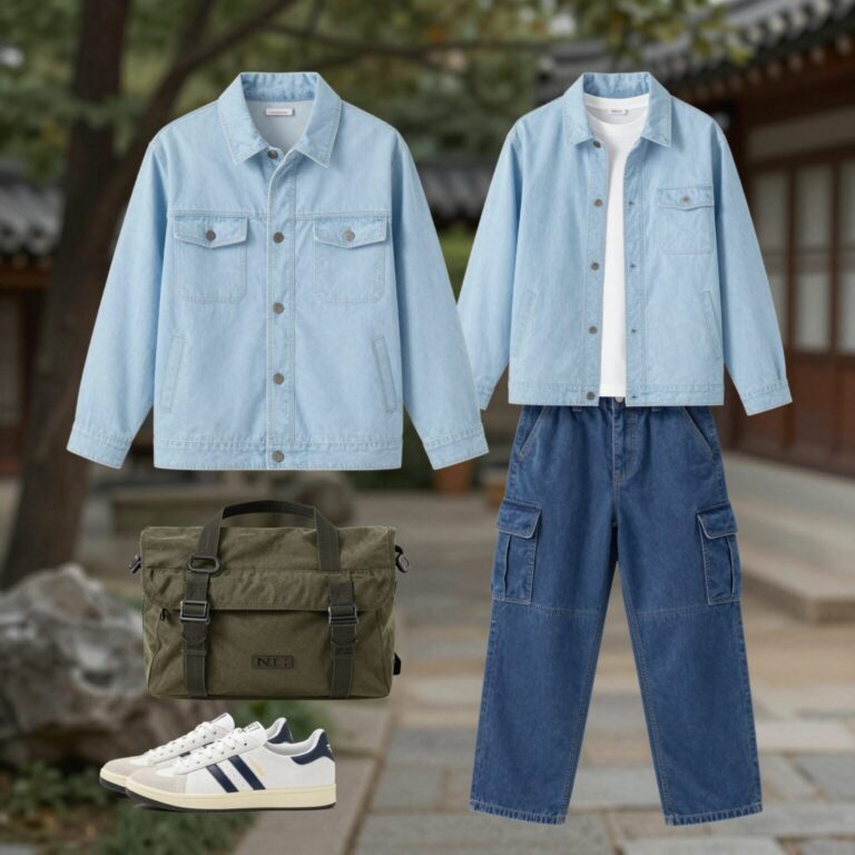 라이트블루 오버핏 청자켓과 카고 팬츠를 매치한 캐주얼 데일리 코디