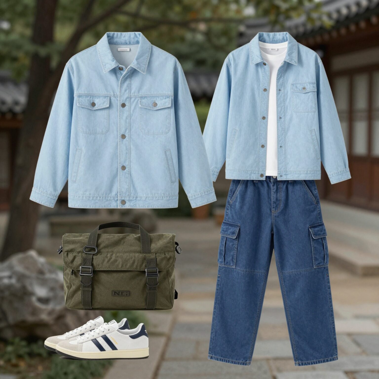 라이트블루 오버핏 청자켓과 카고 팬츠를 매치한 캐주얼 데일리 코디