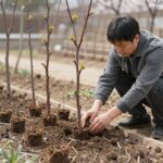 봄에 감나무 묘목을 정원에 심는 과정