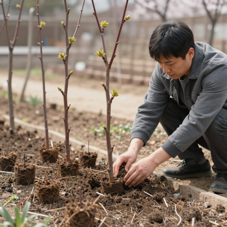 봄에 감나무 묘목을 정원에 심는 과정
