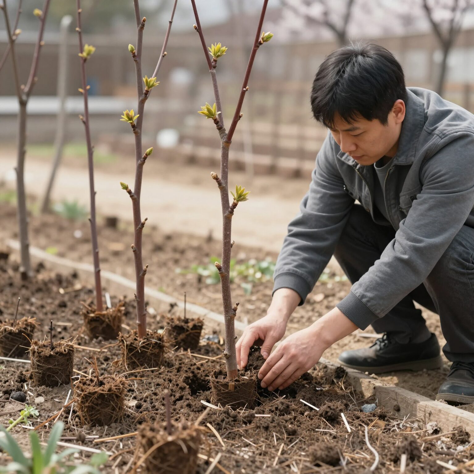 봄에 감나무 묘목을 정원에 심는 과정