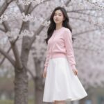 핑크 가디건과 흰색 롱스커트를 코디한 여성의 벚꽃 배경 사진