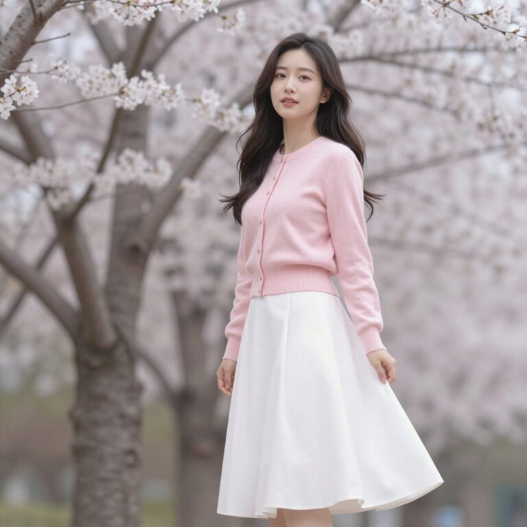 핑크 가디건과 흰색 롱스커트를 코디한 여성의 벚꽃 배경 사진