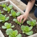 상자텃밭에 상추 모종을 심고 있는 모습, 흙과 식물 모종이 보임