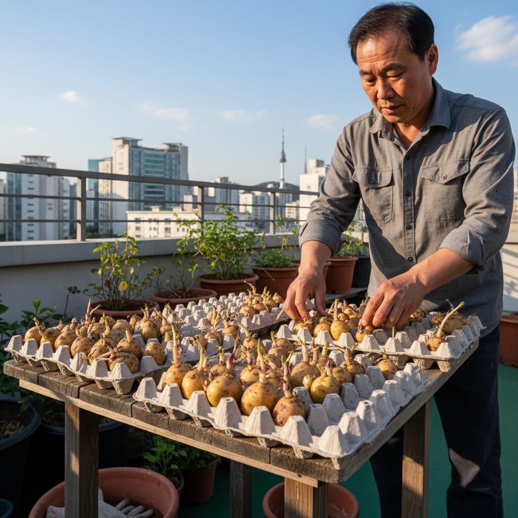싹이 튼 씨감자를 계란판 위에 올려 말리고 있는 모습