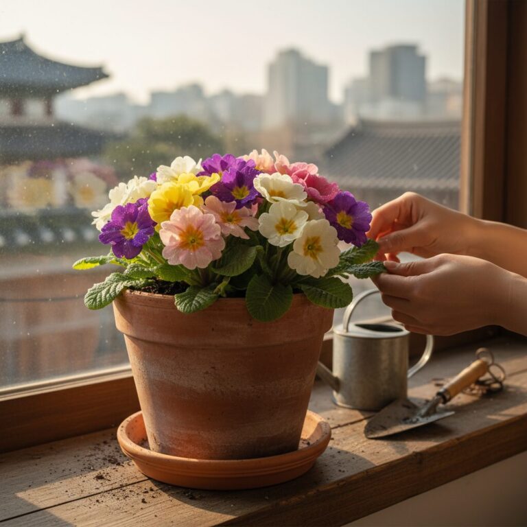 토분에 이식된 앵초 봄꽃 화분