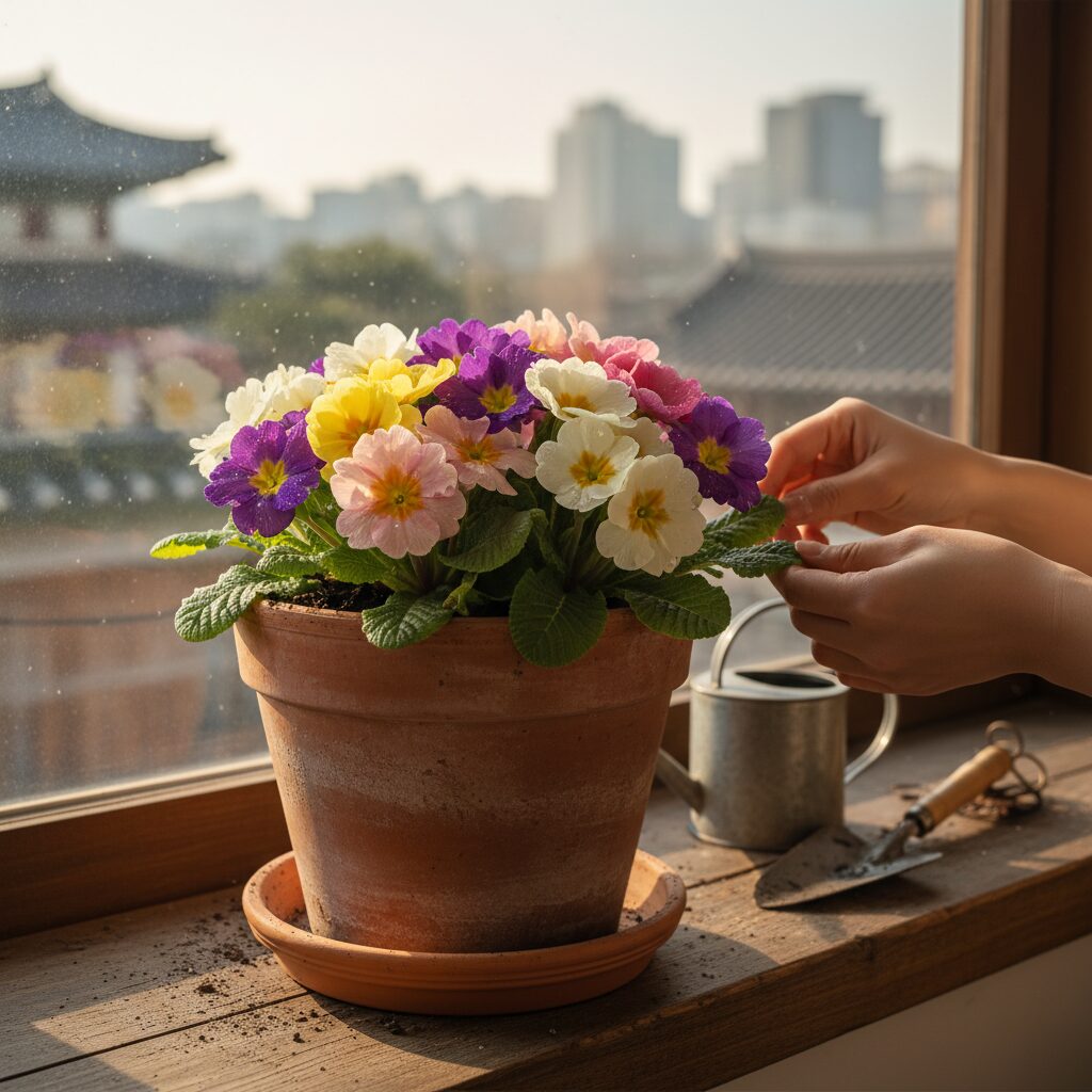 토분에 이식된 앵초 봄꽃 화분