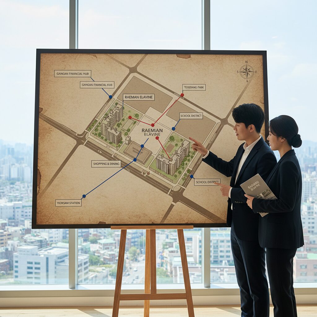 래미안 엘라비네 주변 지도와 주요 시설 표시