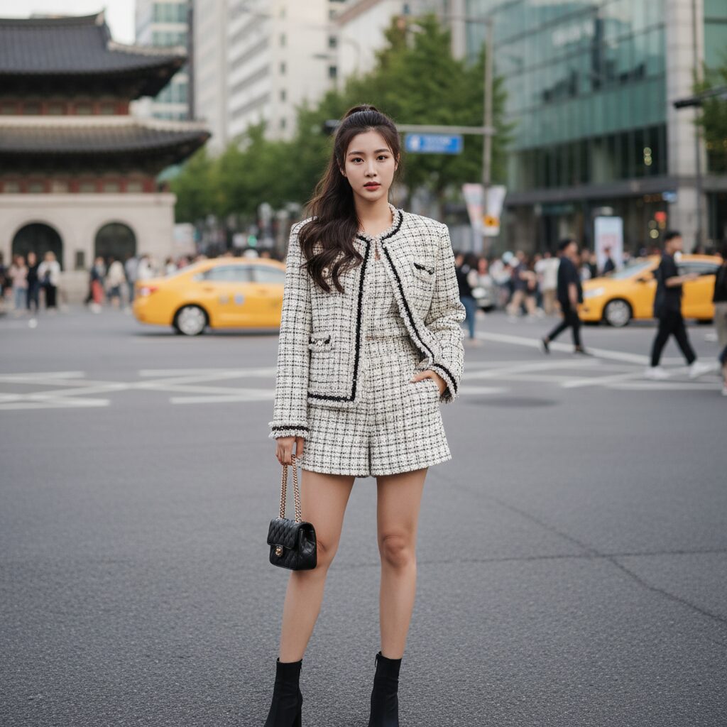 RARE01 아이보리와 블랙이 교차하는 트위드 자켓과 쇼츠 세트