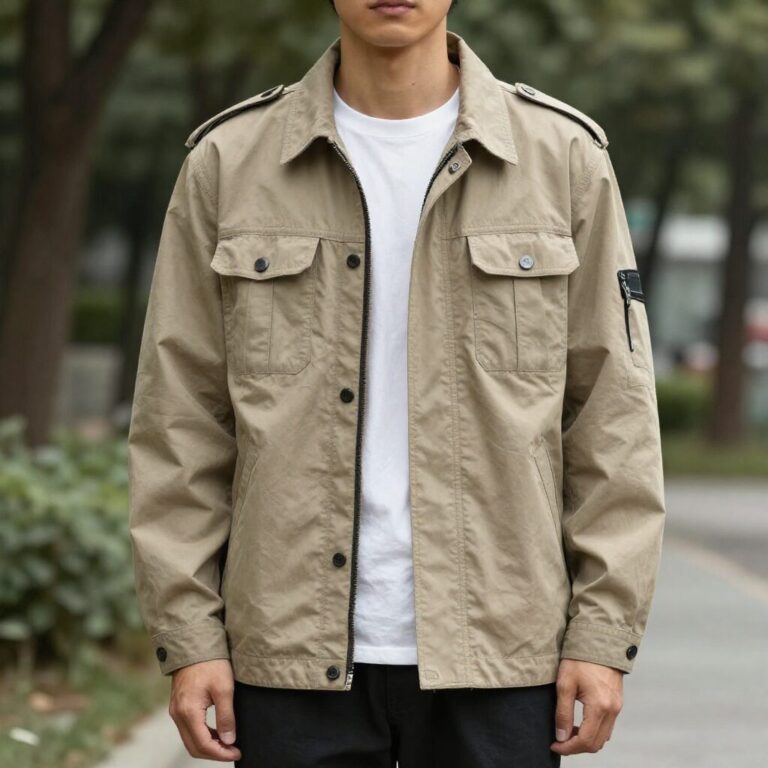 리폼된 짧은 기장의 사파리 자켓을 맨투맨 위에 레이어드한 스타일