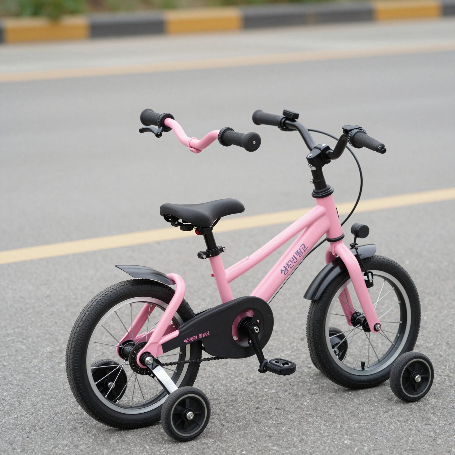 삼천리 딩고 20인치 유아 자전거 핑크색 실제 사용 모습, 앞바구니와 보조바퀴가 장착되어 있음