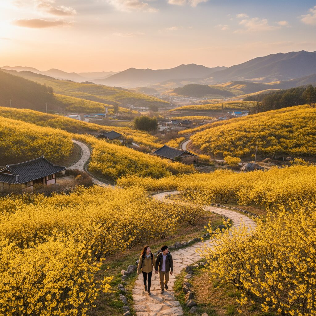 노란 산수유꽃이 만개한 구례 산수유 군락지 풍경