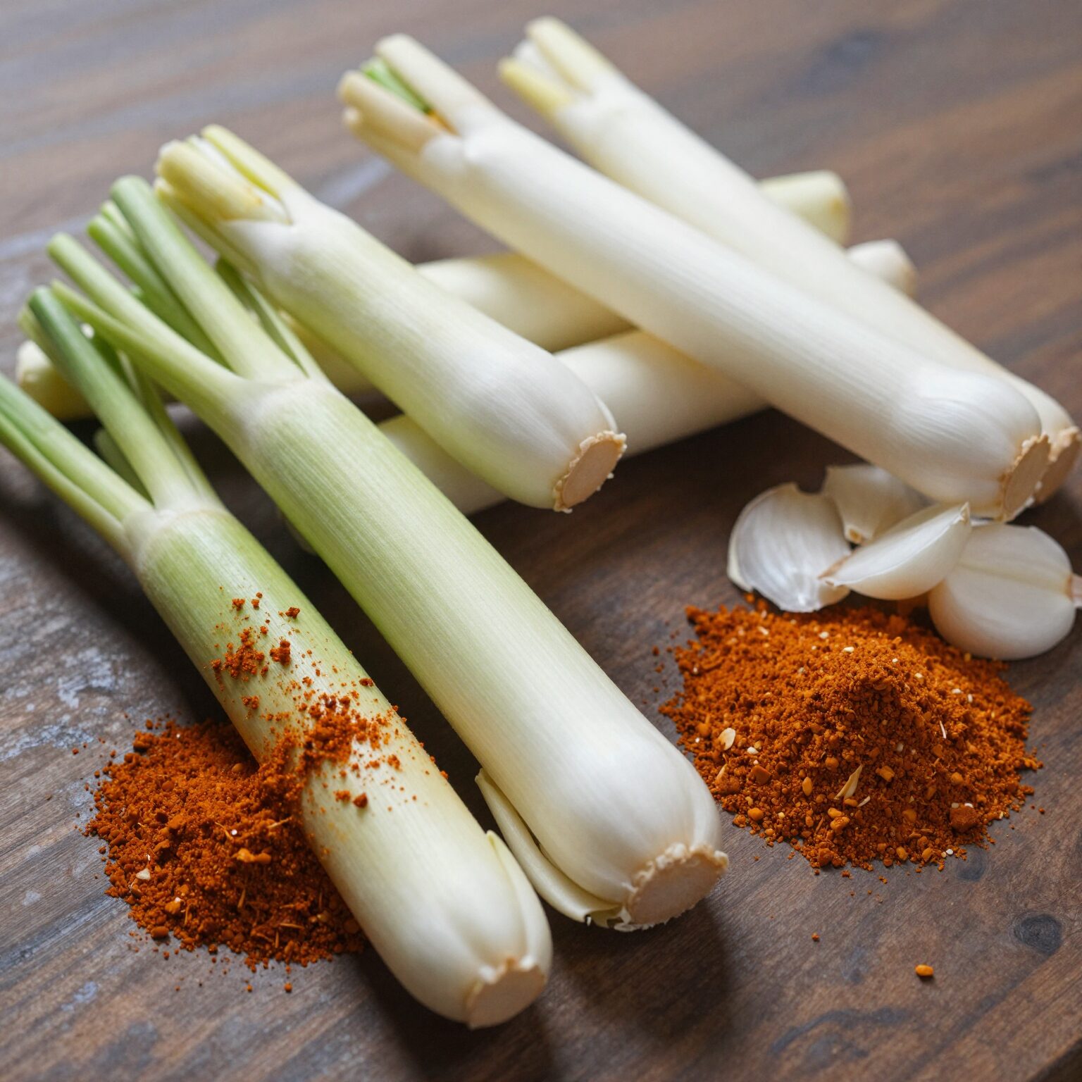 줄기양파김치 재료 준비 사진 줄기양파와 고춧가루 배 마늘 등 양념 재료가 정리되어 있음