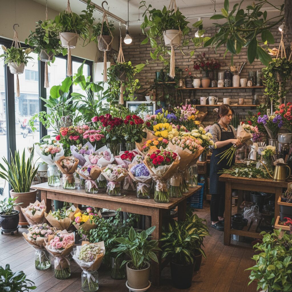 서면 꽃집 석화원 내부의 다양한 꽃다발과 식물들