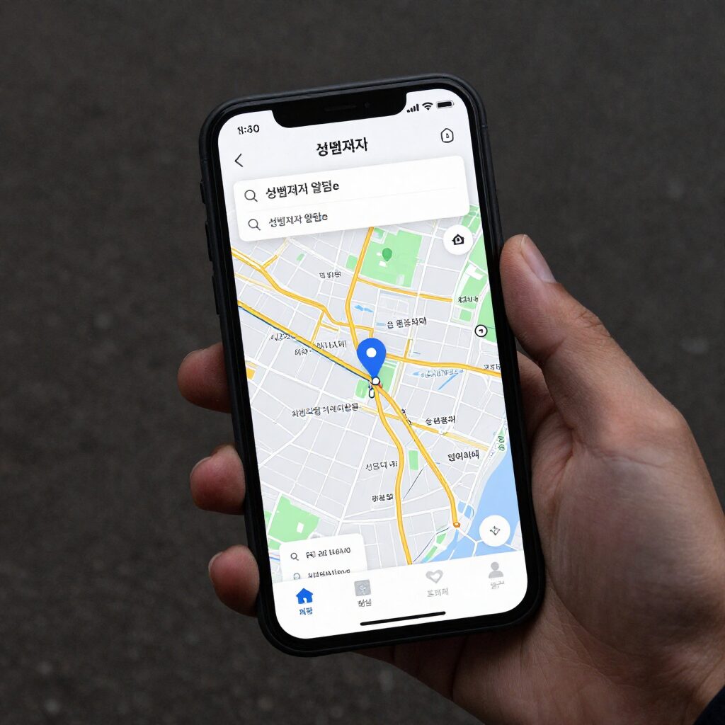 휴대폰 화면에 표시된 성범죄자 알림e 앱의 지도 검색 화면