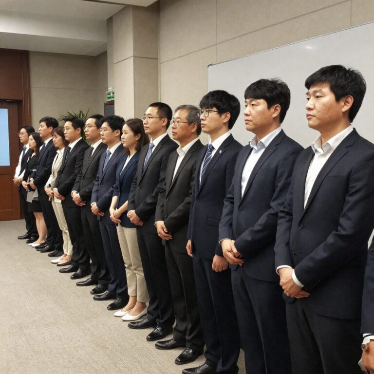 주주총회 입장 장면에서 사람들이 줄을 서서 기다리고 있음