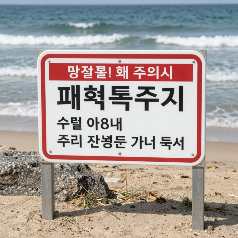 봄철 해변에 설치된 패류독소 주의 안내판과 파도