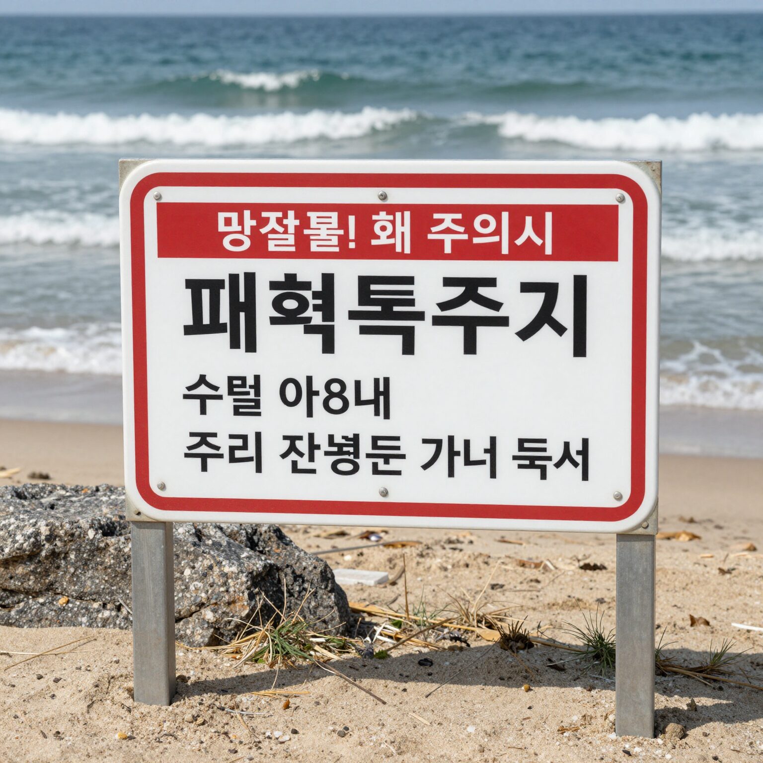 봄철 해변에 설치된 패류독소 주의 안내판과 파도
