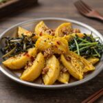 접시에 담긴 황새냉이 된장국과 무침 나물