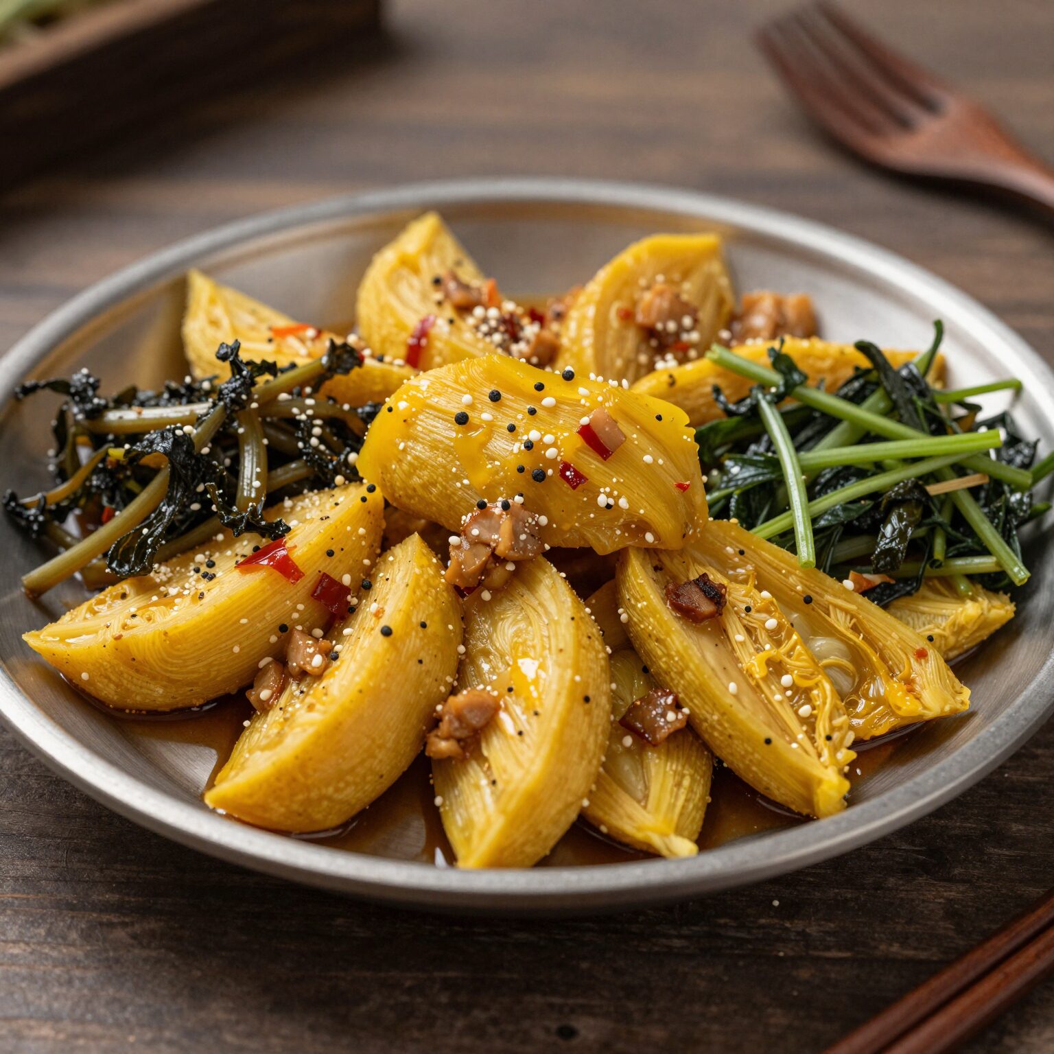 접시에 담긴 황새냉이 된장국과 무침 나물