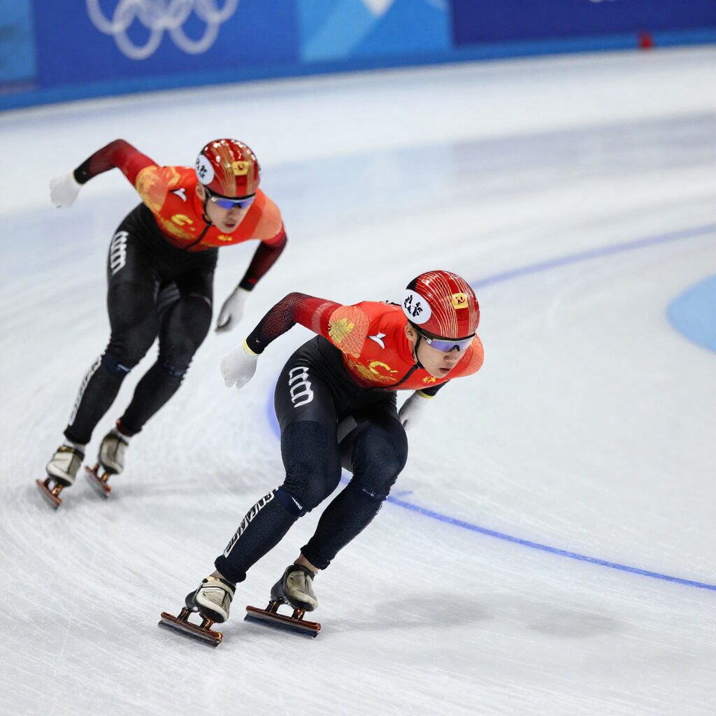 쇼트트랙 선수들이 코너를 빠르게 돌고 있는 격렬한 경기 장면