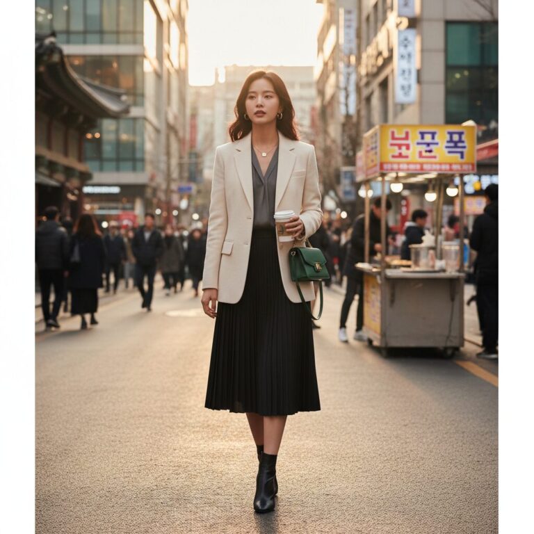 시슬리 싱글 버튼 자켓을 입고 스커트와 매치한 세련된 일상 코디 사진