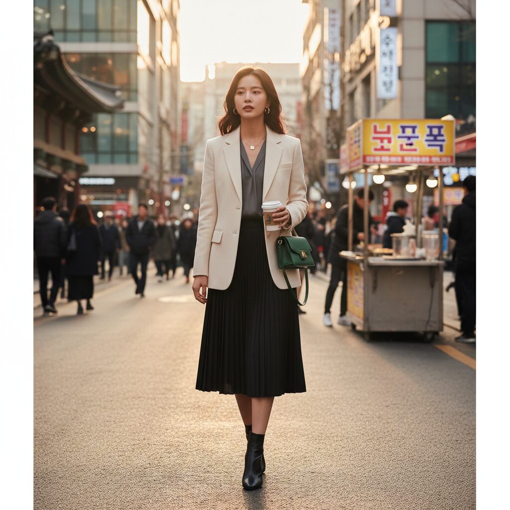 시슬리 싱글 버튼 자켓을 입고 스커트와 매치한 세련된 일상 코디 사진