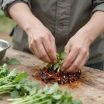 방풍나물의 건강 효능과 맛있게 먹는 방법 데친 방풍나물을 양념과 버무리는 과정