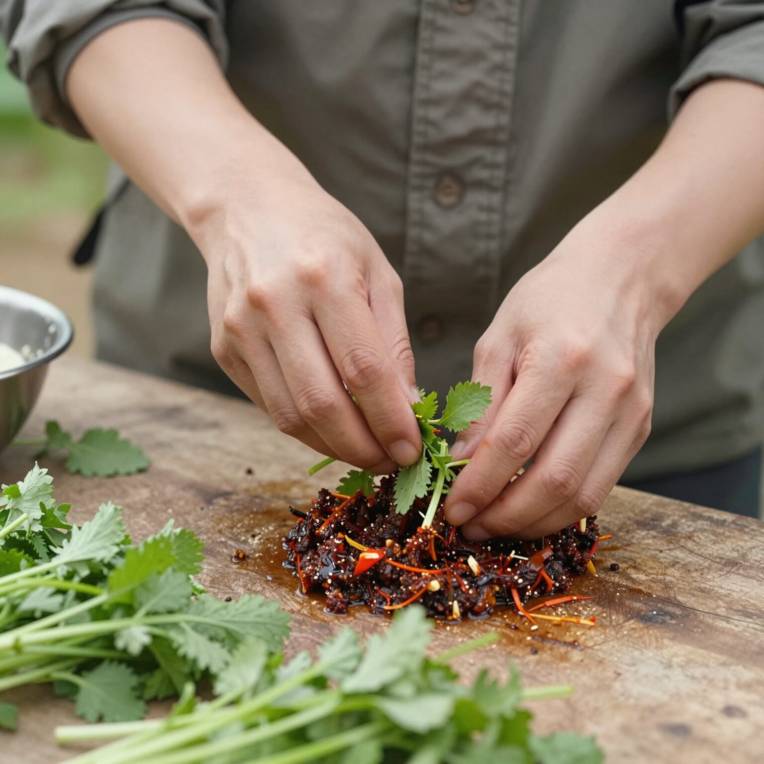 데친 방풍나물을 양념과 버무리는 과정