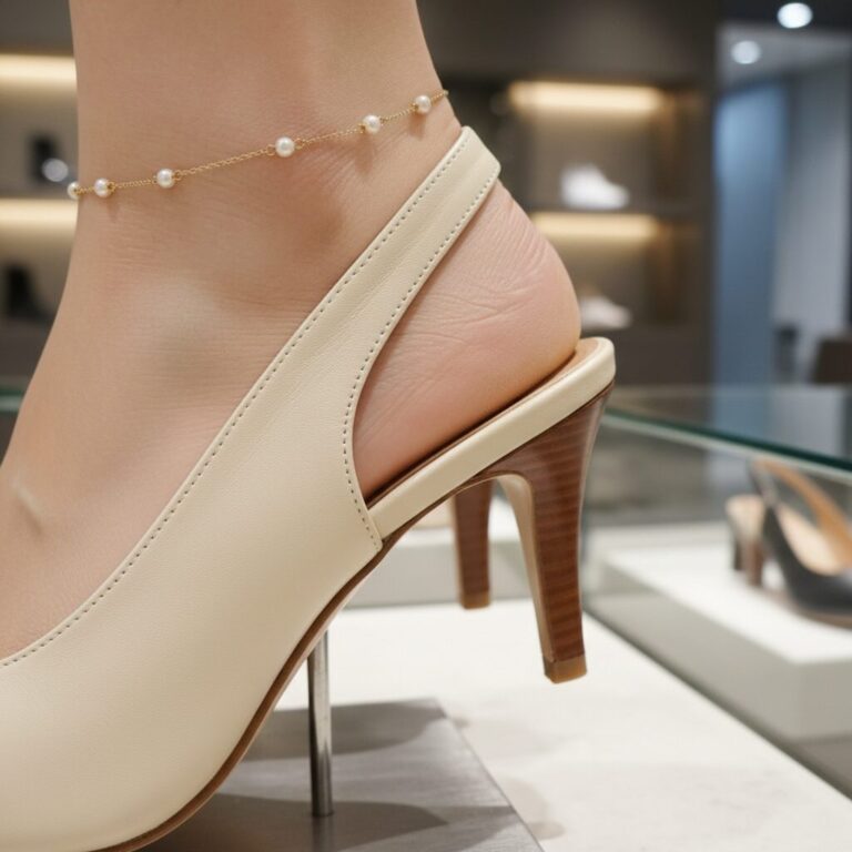 슬링백 구두 뒷꿈치와 끈 부분의 세심한 마감 처리