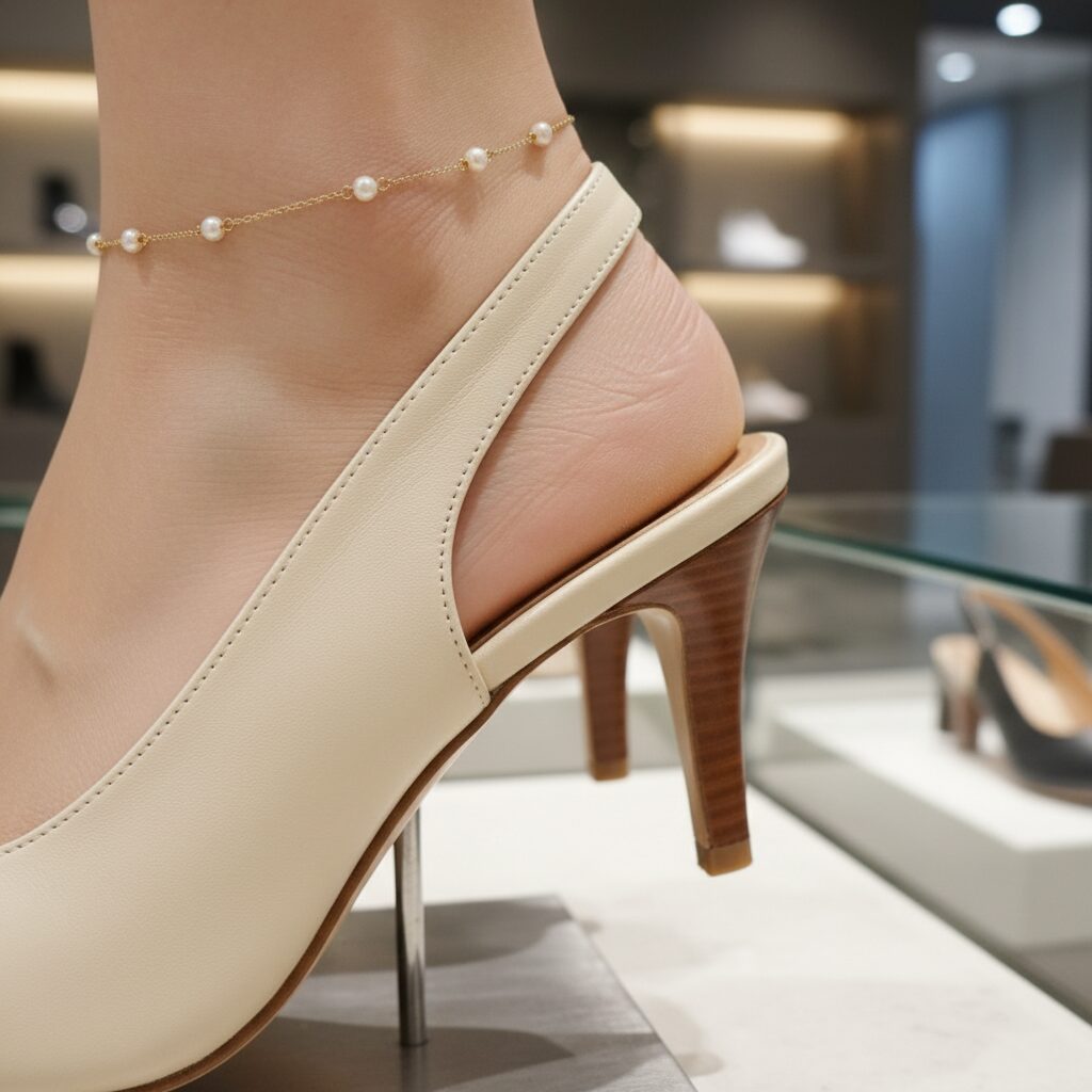 슬링백 구두 뒷꿈치와 끈 부분의 세심한 마감 처리