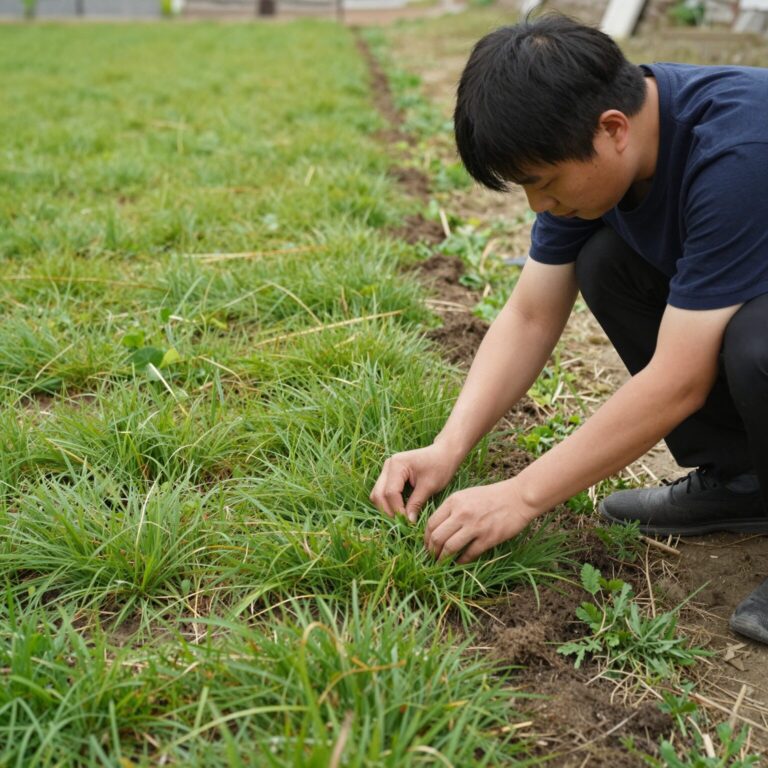 산소 봉분에 잔디를 겹쳐서 올리고 있는 과정